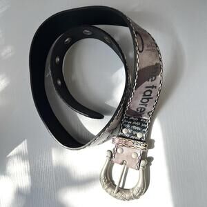 Vintage e-fabrex Graphic Text Print Belt Silver Western Buckle Y2K Cyber L 36"